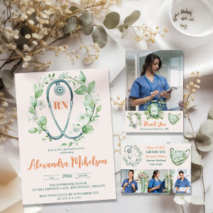 Boho Green Photo Watercolor  Nursing School Gradua Invitation