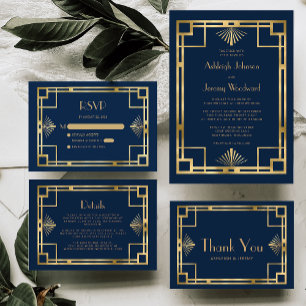 Vintage 1920s Deco Navy Gold Wedding Thank You Card