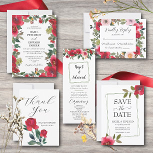Elegant Watercolor Red Rose Floral Wedding Invitation