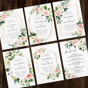 Blush White Bloom Gold Hexagon Wedding Invitation