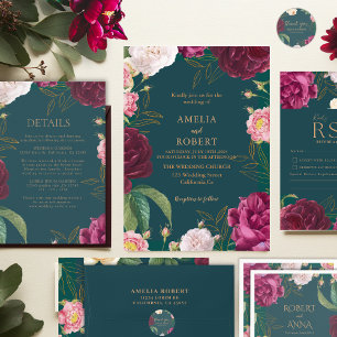 Gold & Emerald Green Floral Wedding Invitation