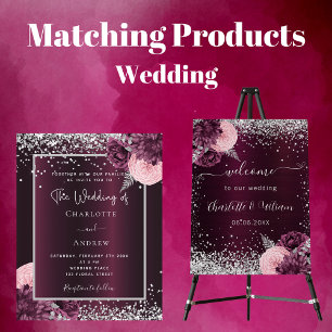 Burgundy silver floral elegant luxury wedding magnetic invitation