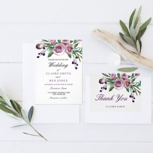 Romantic Plum Purple Rose Floral Wedding Invite