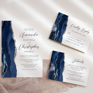 Agate Navy Blue Silver Modern Script Wedding RSVP Card