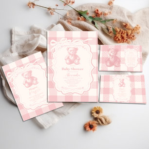 Coquette Gingham French Teddy Bear Baby Shower Invitation