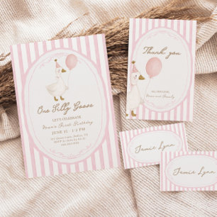 One Silly Goose Pink Girls 1st Birthday Invitation