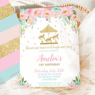 Pink Mint Floral Carousel 1st Birthday Party Photo Invitation
