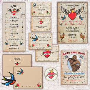 Tattoo flaming heart birds rehearsal dinner invitation