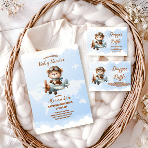 Cute Bear Plane Adventure Begins Baby Shower Invitation