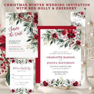 Christmas Winter Wedding Red Holly and Greenery Table Number