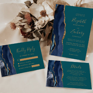 Chic Navy Blue Gold Agate Teal Wedding Invitation