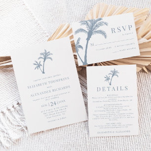 Tropical Beach Palm Tree Dusty Blue Wedding Invitation