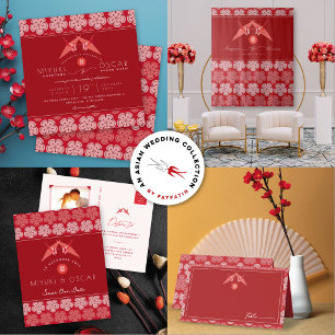 Red Paper Cranes Sakura Double Happiness Wedding Square Sticker