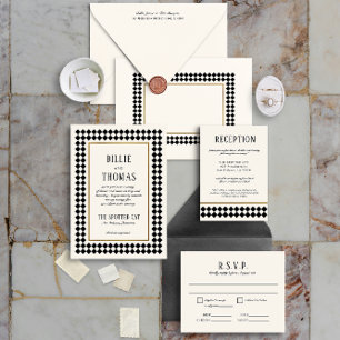 Black and Gold on Ivory Chequerboard Border Jazz Invitation