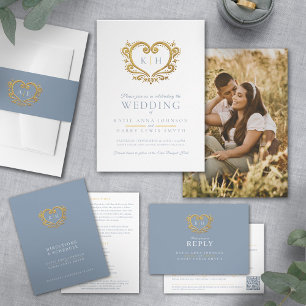 Wedding dusty blue white gold heart monogram QR All In One Invitation
