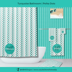 Chic Turquoise White Teal Dots Monogram Name Bath Mat