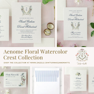 Monogram Watercolor Floral Wedding Crest Invite