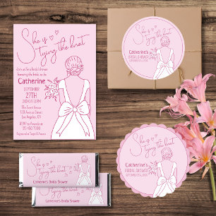 Hand Drawn Pink Bow Wedding Gown Bridal Shower Classic Round Sticker