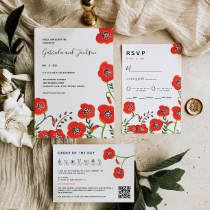 Red poppies modern floral wedding napkin