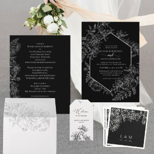 Elegant Black White Simple Floral Wedding Place Card