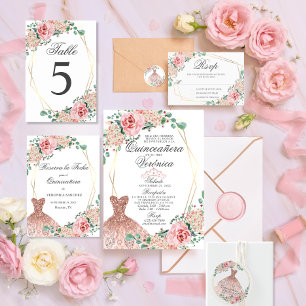 Elegant Watercolor Pink Spanish Quinceañera Quince Invitation