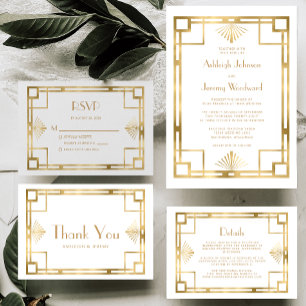 Elegant White Gold Geo Vintage 1920s Deco Wedding Invitation