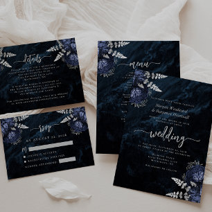 Navy Blue Silver Floral Agate Script Wedding RSVP Enclosure Card