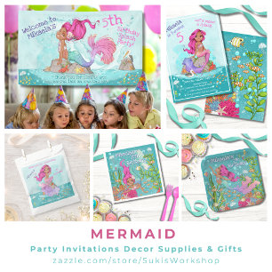 Girly Brunette Pink Mermaid Birthday Party Invitation