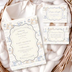 Blueberry Bunny Teddy Toile Baby Shower Invitation