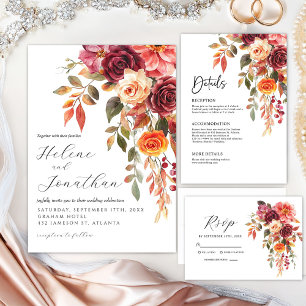 Burgundy Orange Watercolor Boho Elegant Wedding Invitation