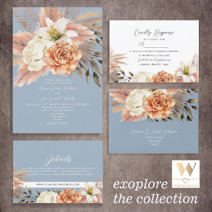 Dusty Blue Peach Floral Wedding Reception  Invitation
