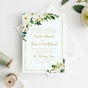 gold and green floral wedding invitation