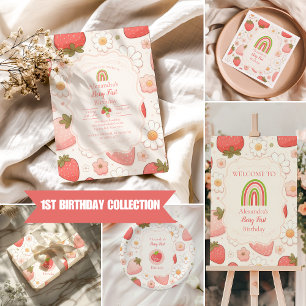 Girl Strawberry Berry First 1st Birthday Party Wrapping Paper