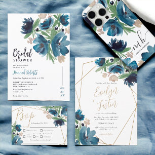 Elegant dusty blue gold Floral Bridal Shower Invitation