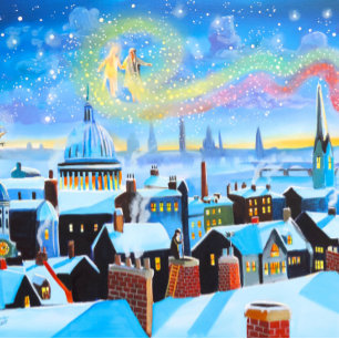 Snowman winter scene folk art painting train poster