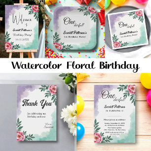 Elegant Rustic Watercolor Floral Boho 1st Birthday Invitation