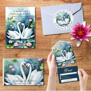 Swan In Love Watercolor Lotus Pond QR Code Wedding Invitation
