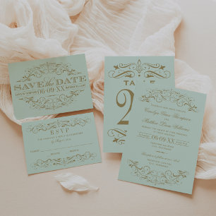 Vintage Mint and Antique Gold Flourish Wedding RSVP Card