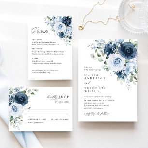 Dusty Blue Navy Floral Watercolor Elegant Wedding RSVP Card