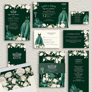 Princess Dress and White Roses Emerald Green Photo Save The Date