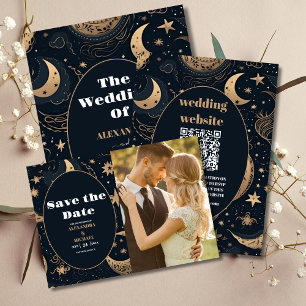 Midnight Blue Gold Celestial Wedding All In One Invitation