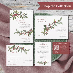 Elegant Winter Berries Red Green Watercolor Invita Invitation