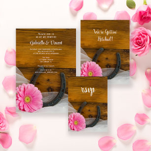 Pink Daisy Horseshoe Country Wedding RSVP Card