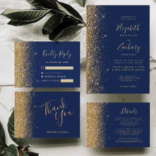 Gold Glitter Edge Navy Blue Wedding Thank You Card