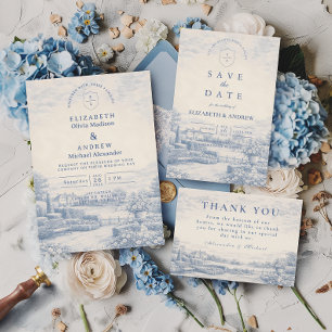 French Blue Countryside Toile Wedding Invitation