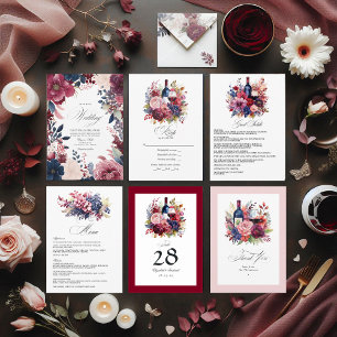Burgundy, Navy & Blush Wine Tasting Floral Wedding Menu