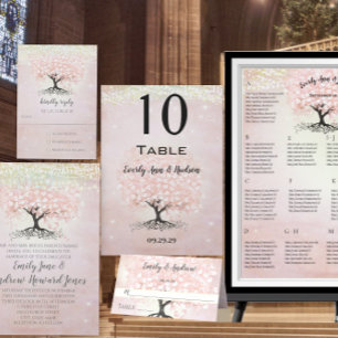 Elegant Blush Pink Purple Heart Leaf Tree Wedding All In One Invitation