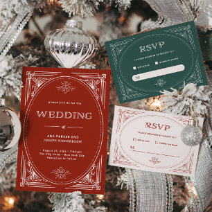 Modern Deco   Light Silver White with Red Wedding Invitation