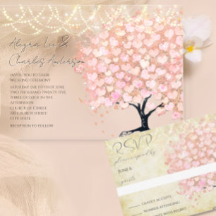Rustic Millennial Pink Heart Leaf  Tree Wedding Invitation