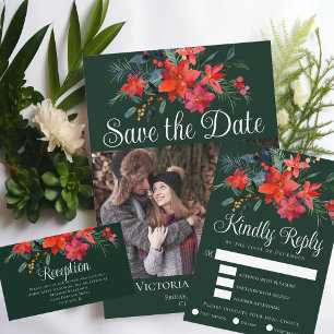 Elegant Christmas Poinsettia Photo Save the Date Invitation